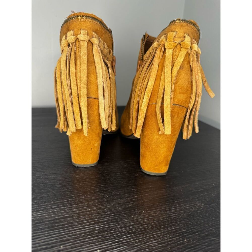 Dolce Vita Promise Fringe Ankle Heel Booties Shoes Sz 9 Cognac Brown Suede - Picture 3 of 7